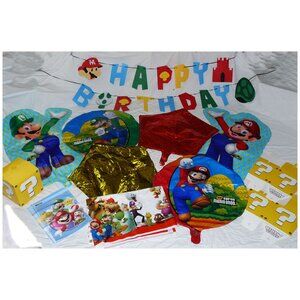 Lot of Super Mario Birthday Party Supplies, Table cloth Banner Balloons Bags +